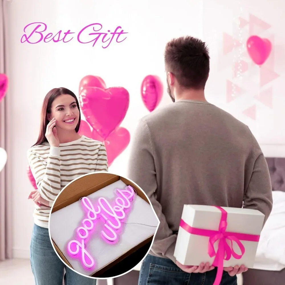 Pink Good Vibes Neon Sign Neon Lights Bedroom Led Wall Decor (16.1 X 8.3 Inch)
